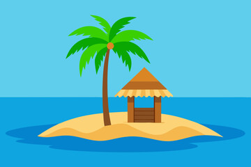 Obraz premium Tropical Island Paradise Palm Tree and Beach Hut Getaway