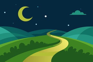 Obraz premium Serene Night Winding Road Through Rolling Hills Under a Crescent Moon