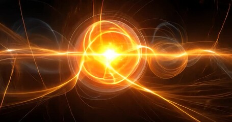 Abstract glowing orange energy sphere with light trails and sparks on black background. - Powered by Adobe