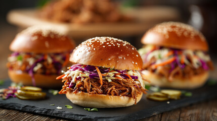 pulled pork sliders placed on a black slate serving board