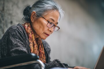 Elderly woman engaged in laptop work home office portrait indoor close-up digital empowerment