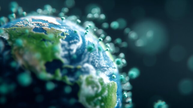 Earth surrounded by coronavirus particles, world lockdown concept, global infection abstract - Powered by Adobe