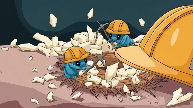Animated cartoon of tiny blue creatures with hard hats using pickaxes to mine white fragments inside a nest, symbolizing a microscopic process