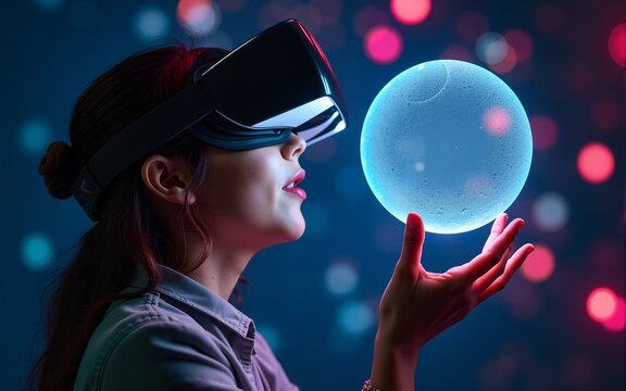 Metaverse and 3D simulation. Portrait of young woman in VR glasses creates mesh sphere. Dark background with neon abstracts. The concept of virtual reality and futurism. High quality