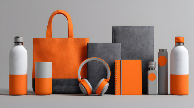 Orange and grey corporate merchandise collection for branding marketing and presentation