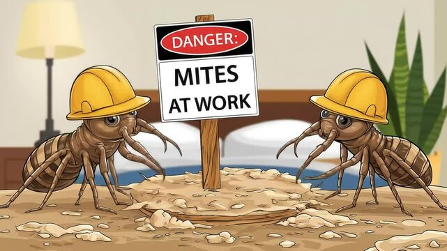Animated illustration of two cartoon mites in hard hats working on a surface, with a danger sign in a bedroom setting, symbolizing infestation