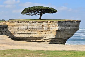 Solitary tree atop a dramatic coastal rock formation