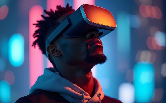 African American man wearing VR glasses uses NFT interface in virtual cyberspace metaverse space. High quality