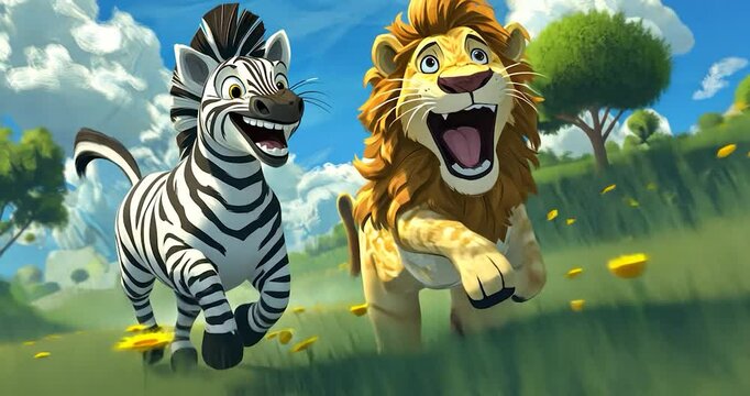 Joyful zebra and lion playfully running through a vibrant, sunlit meadow filled with yellow wildflowers.