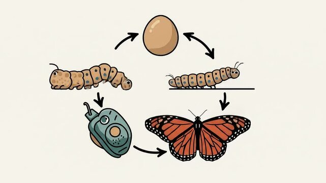 Animated cartoon illustration of a butterfly's metamorphosis, showing the cycle from egg, larva, and a strange technological pupa to an adult