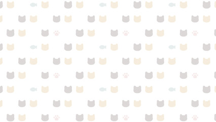 くすみカラーの猫と肉球・お魚のドット柄シンプルパターン、アスペクト比16：9