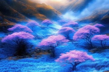 Misty mountain valley with vibrant pink trees