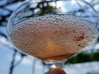 Bubbly sparkling wine held up view from bottom of wine glass