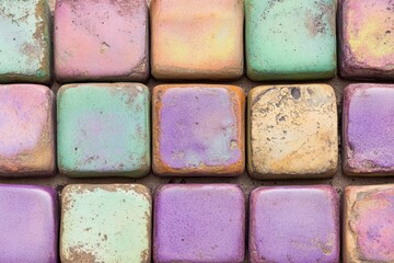 Colorful square tiles arranged in a grid pattern.  The tiles exhibit a variety of pastel hues, including pinks, purples, greens, and yellows, and show signs of weathering or aging