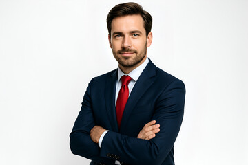 Confident businessman portrait against a white background professional attire red tie success corporate leadership