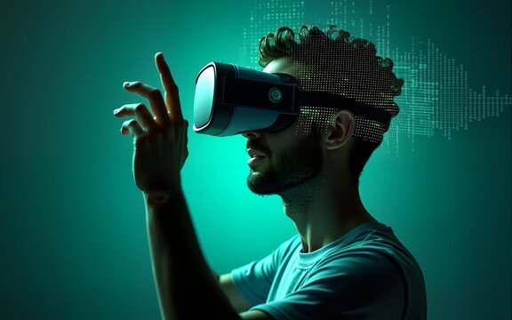 3D render, visualization of a man holding virtual reality glasses, electronic device, head surrounded by virtual data with neon green grid. Player one ready for the VR game. Virtual experience.