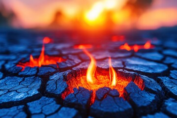 Fiery cracks in parched earth.  Flames emerge from the dry, cracked ground at sunset