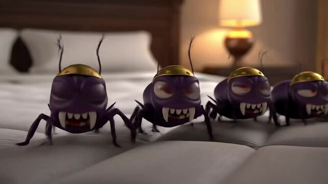 A menacing army of 3D animated purple vampire bugs with golden helmets marches across a mattress, symbolizing a home infestation