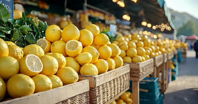 Fresh lemons displayed in wooden crates at a market stall.