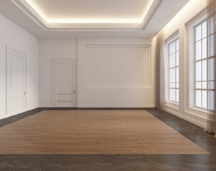 3D rendered modern empty room interior with elegant recessed ceiling lights, large classic windows with sheer curtains.
