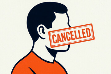 Stylized artwork of a faceless person with a “CANCELLED” stamp over their mouth, symbolizing Cancel Culture and silencing opinions.