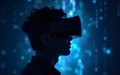 Inside the metaverse. Silhouette of a human face in augmented or virtual reality headset. Abstract digital world on dark blue background. Vector illustration. High quality