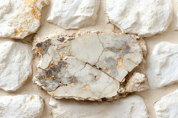 Close-up view of a textured stone wall section.  A light beige and white stone slab is set within a larger pattern of irregular stones.  The slab has cracks and discoloration