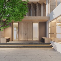 3D rendering of the entrance to the house. Large Scandinavian style door, wood tone, hidden staircase with lighting and large tree with wooden chair beside.
