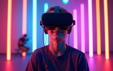 Teenager having fun play VR virtual reality glasses Esport game futuristic neon colorful background, future metaverse digital technology game and entertainment. High quality