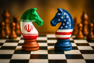 Symbolic image of Iran and United States depicted as opposing knight chess pieces on a board, representing political strategy and rivalty.