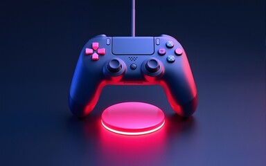gaming joystick controller console geometry button icon floating neon glow on background, 3d illustration rendering, abstract of wallpaper for gamer. High quality