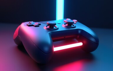 gaming joystick controller console geometry button icon floating neon glow on background, 3d illustration rendering, abstract of wallpaper for gamer. High quality