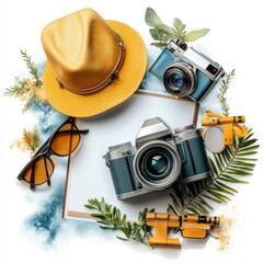 Watercolor travel essentials: yellow hat, sunglasses, cameras, binoculars and foliage arranged around copy space for text on an isolated white background.