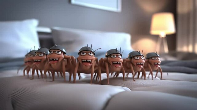 A menacing army of 3D animated bugs with helmets and sharp teeth marches across a mattress, symbolizing a pest invasion