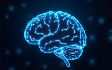 Fototapeta premium AI. Digital brain shaped with blue neural connection lines and glowing dots. High quality