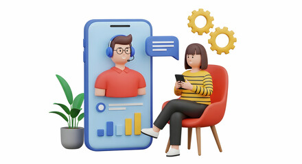 3D Illustration of Online Customer Support Chat Between Woman and Virtual Assistant on Mobile Interface