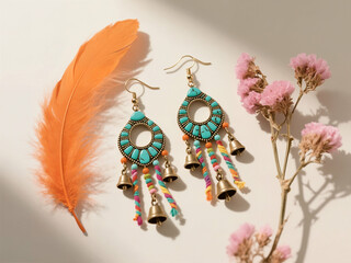 Vibrant bohemian teardrop earrings, featuring turquoise stones, colorful braided threads, and brass bells, elegantly displayed alongside an orange feather and delicate pink dried flowers.
