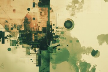 Abstract composition of geometric shapes and textures in muted earth tones and greens.  A blend of architectural and industrial elements.  Soft, painterly effect