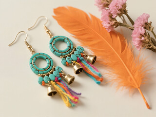 Vibrant bohemian teardrop earrings, featuring turquoise stones, colorful braided threads, and brass bells, elegantly displayed alongside an orange feather and delicate pink dried flowers.
