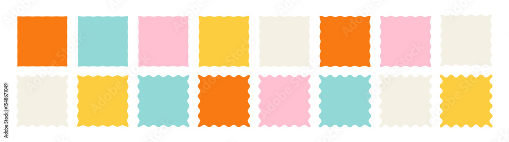 Poster wavy frame borders. scallop shape line picture frames. vector colorful wave square bg set. kid graph