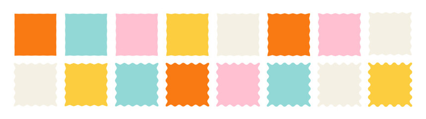 Wavy frame borders. Scallop shape line picture frames. Vector colorful wave square bg set. Kid graphic wiggly backgrounds. Fun retro style groovy 60s squiggly zigzag text frame collection