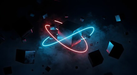 Abstract Neon Cubes with Glowing Orbit Trails