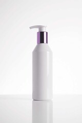 "Elegant White Lotion Bottle with Metallic Purple Pump Cap on White Background"