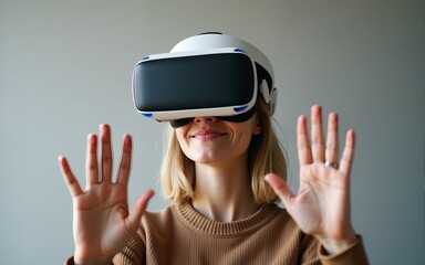 Woman with VR virtual reality goggles. High quality