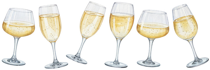Elegant champagne glasses collection sparkling wine drinks cup on transparent background