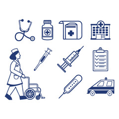 Medical and Healthcare Outline Icon Set — Hospital, Doctor, Syringe, Medicine, and Equipment Icons Collection.

