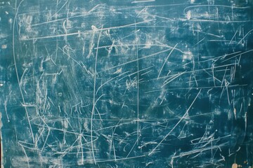A teal-colored chalkboard, covered in numerous  scratches and markings