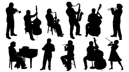 “Stylized black silhouettes of seated and standing musicians playing instruments like saxophones, cellos, and keyboards, forming a visually balanced composition with no depth or shading.”