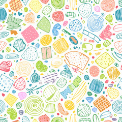 Colorful abstract shapes and doodles form a vibrant, repeating pattern.