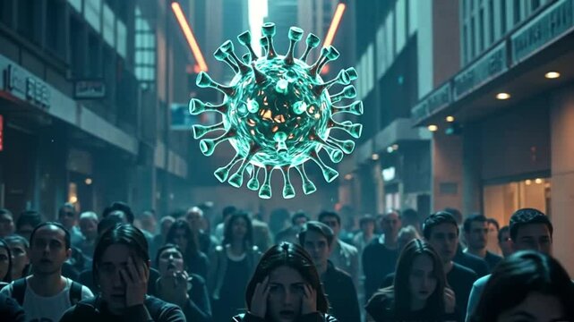 a glowing, translucent virus particle hovers in the center of the scene, casting an eerie blue light over the crowd